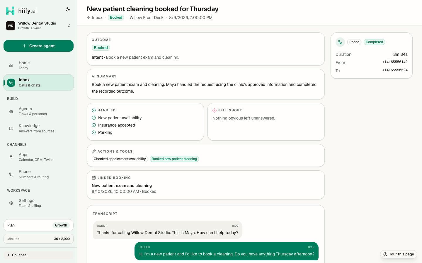 hiify.ai conversation review with outcome analysis, actions, appointment details, and transcript