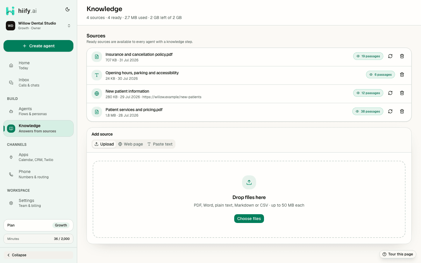 hiify.ai knowledge screen with options to upload a file, add a web page, or paste text